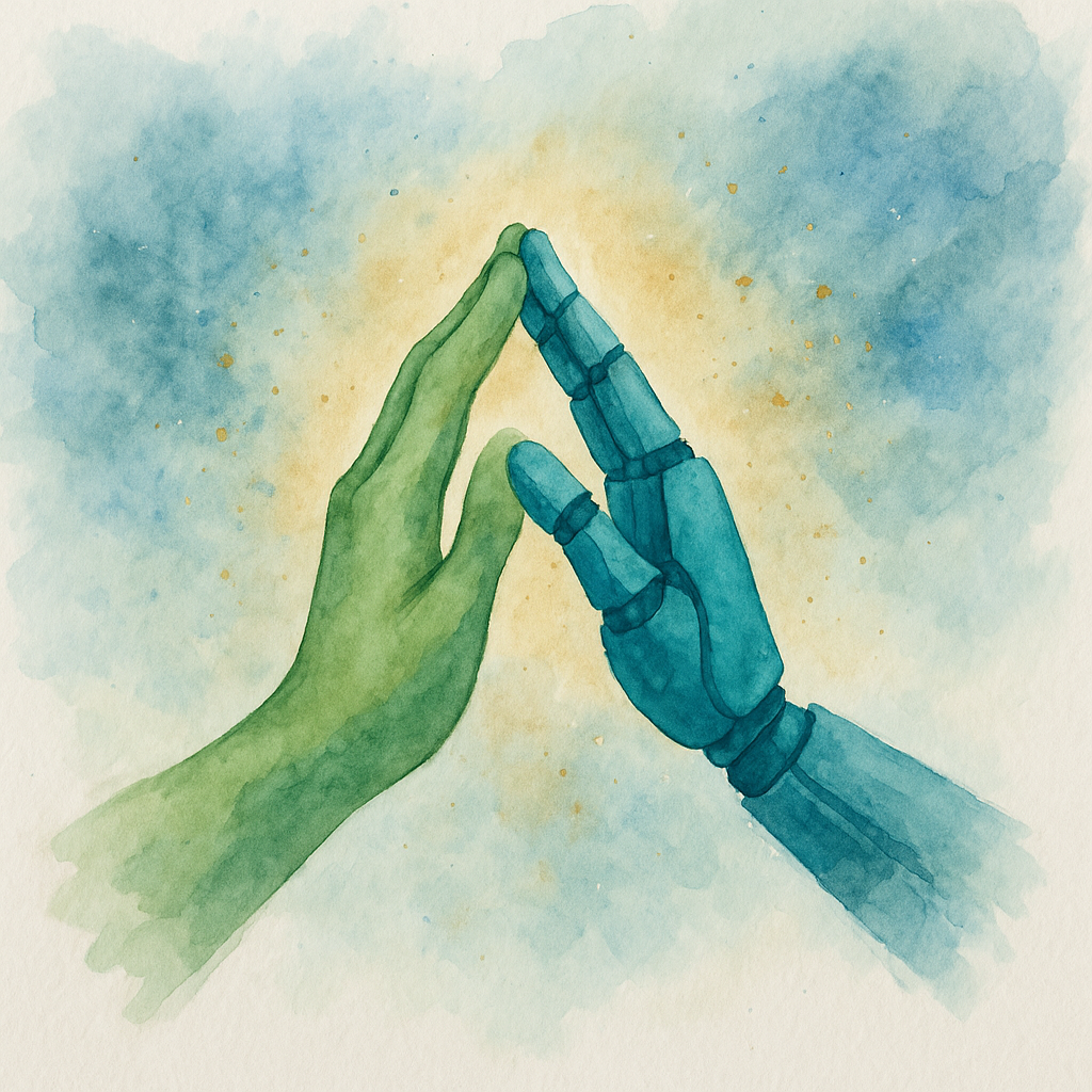 Watercolor illustration of a human hand and a robotic hand reaching toward each other, surrounded by a teal and gold glow. Symbolizes the meeting of human and AI.